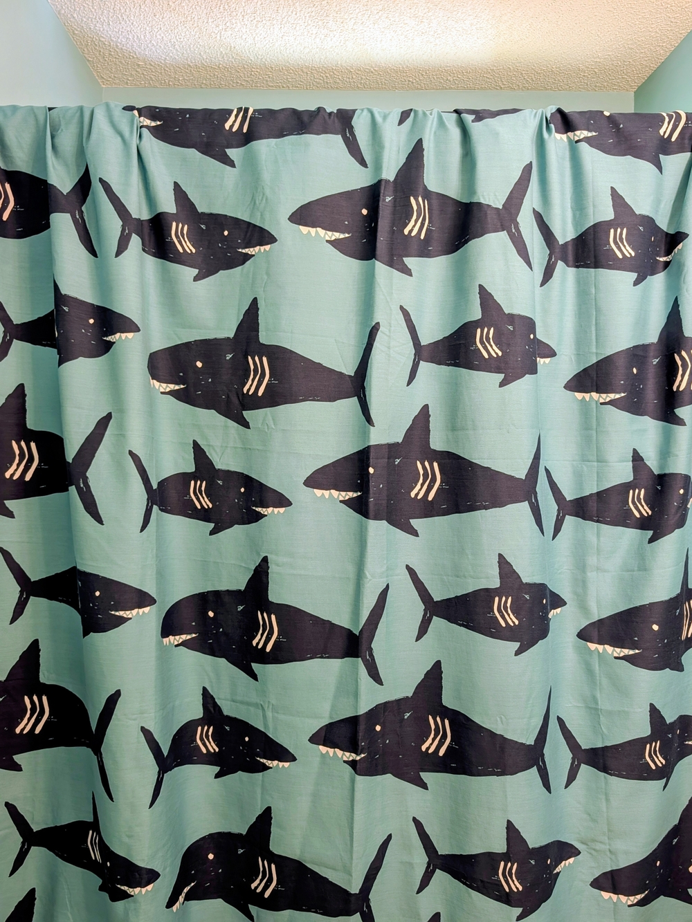 Teal and Navy Shark Print Cloth Shower Curtain
